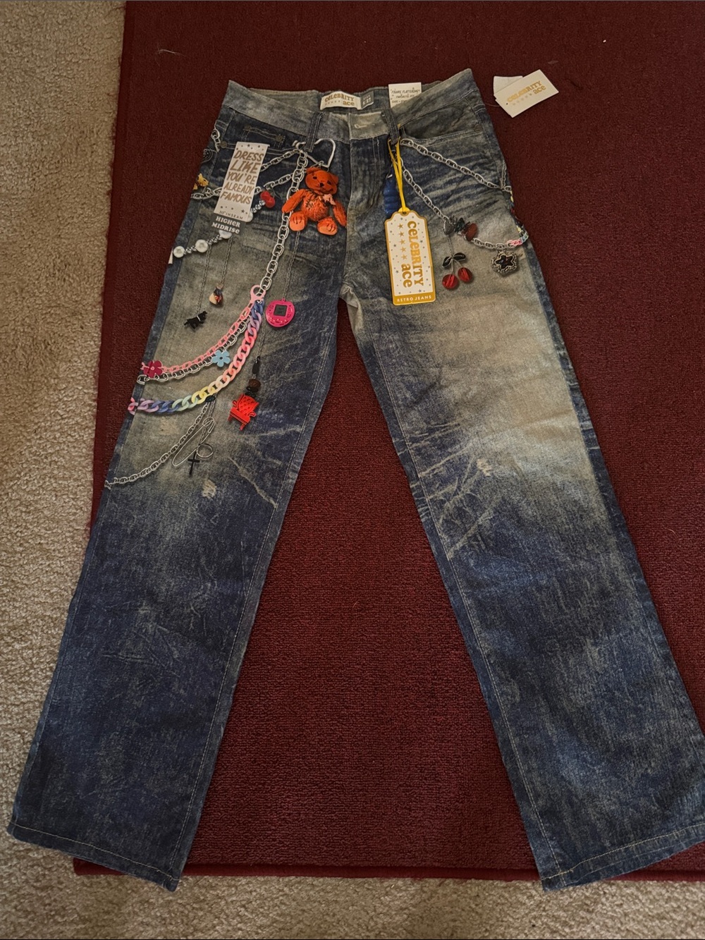 Embellished Washed Blue Denim Jeans with Chain & Charm Details